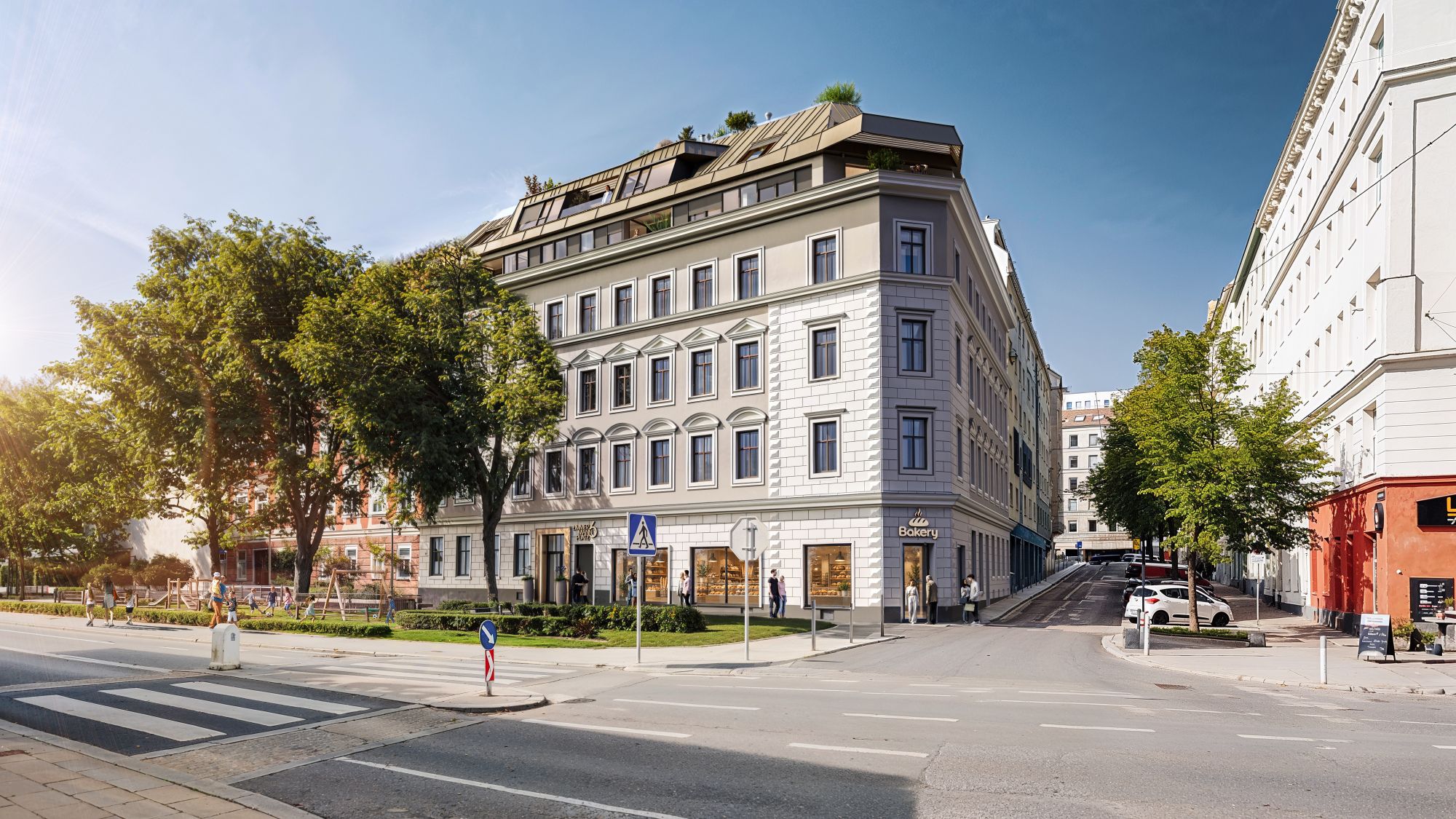 Zimmermannplatz 6, Straßenansicht mit neuem Dachgeschoss