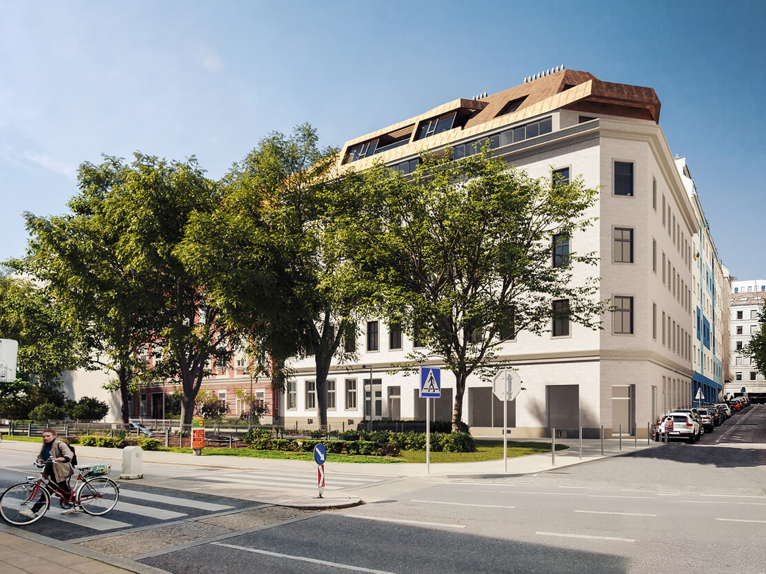 Zimmermannplatz 6, Straßenansicht mit neuem Dachgeschoss